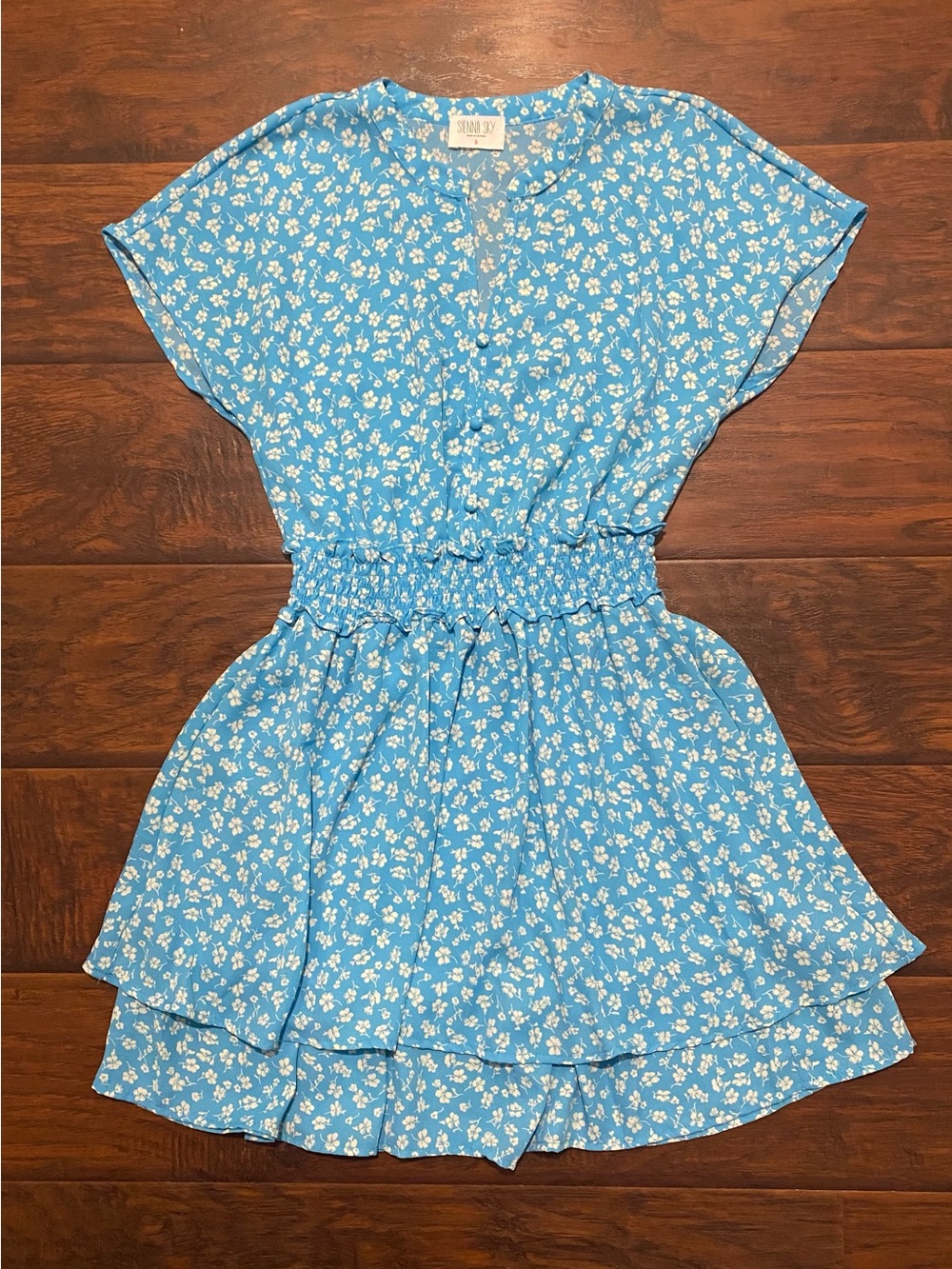 Blue Floral Smocked-Waist Dress